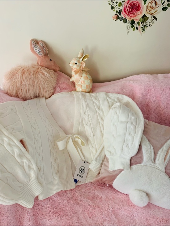 Cider Sweaters - Cider Cable Knit  Bow Tie Front Cardigan Bunny Soft White XL Cozy Romantic